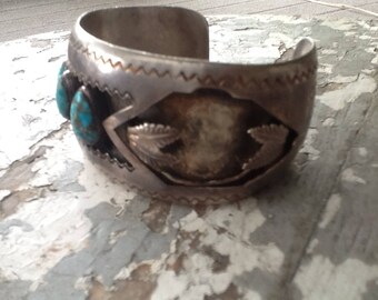 Vintage Sterling Turquoise Watch Cuff Bracelet Petite Point Signed Shadow Box