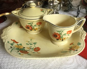 Antique Sebring Pottery Company Golden Maize Nasturtium Platter Poppy Creamer/Sugar Bowl/Lid-Yellow/Orange/Green/Black