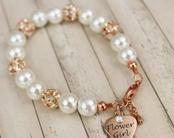 Rose Gold Flower Girl Bracelet Flower Girl Jewelry Rose Gold Pearl Set Rose Gold Pearl Jewelry Set Rose Gold Flower Girl Bracelet Mini Bride