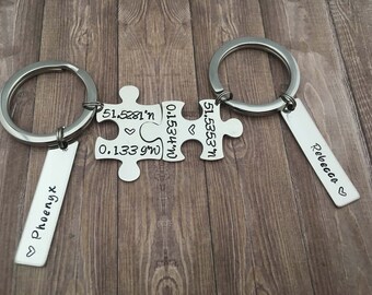 Coordinates Jigsaw puzzle piece keychain - Couple matching set keyring coordinates - Personalized Valentines day gift - Couple Gifts for him