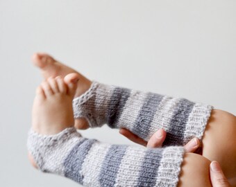 Hand knit striped toddler leg warmers // Baby yoga socks, toddler leg warmers grey kids yoga socks, long kids legwear, onward onward
