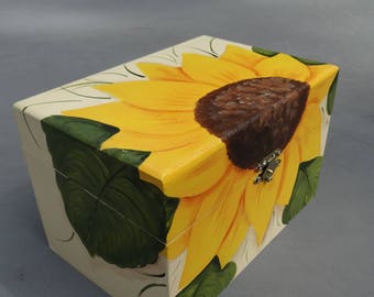 Sunflower Hand Painted wood Recipe box, personalize with a Name or family, wedding gift, housewarming gift, shower gift, money system