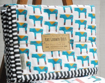 Organic Wholecloth Quilt - Teal Rhino with Hand Dyed Sunset Red Backing, Organic Baby Quilt