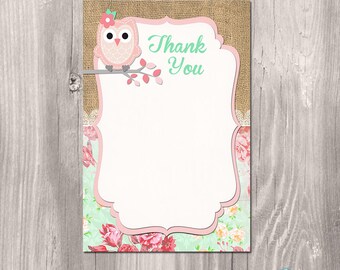 Pink Owl Thank You Card / Folded Card Template / Owl Baby