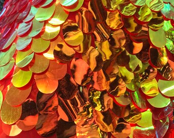 Red Gold Iridescent TearDrops Eggshell Jumbo Dangling Sequins on Red Mesh Fabric Sold By the Yard -Backdrops Fabric - Kimonos