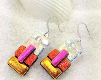 Dichroic earrings, dichroic glass, fused glass jewelry, glass fusion, dichroic fused, jewelry handmade, trending now, rainbow jewelry glass