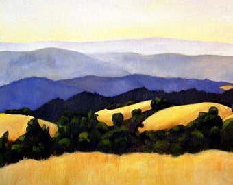 California Landscape Rolling Golden Hills with Oaks Print of Original Oil Painting