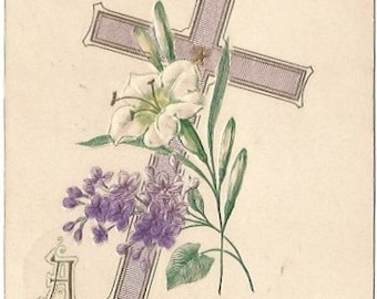 Purple Cross and Lilacs with White Lily Vintage Postcard Easter Greeting 1910s