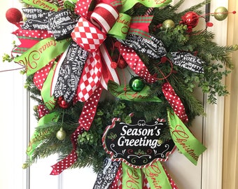 Whimsical Christmas Wreath, Christmas Wreath, Seasons Greeting, Front Door Wreath, Big Bow Wreath