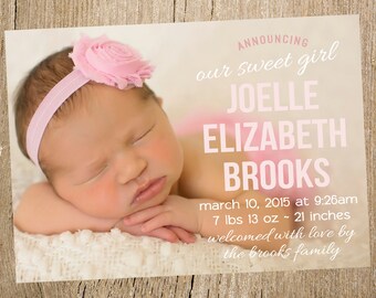 Baby Girl Photo Birth Announcement- Digital