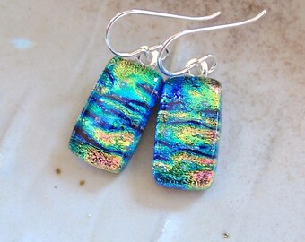 Green, Blue, Gold Earrings, Petite, Dichroic Glass, Fused Glass Jewelry, Dangle, Sterling Silver, A9
