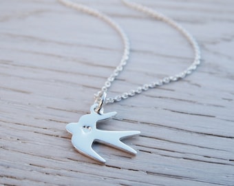 Silver Bird Necklace - Heart - Swallow - Sterling Silver
