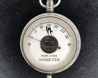 Antique Nine Lives Ammeter | Black Cat Pocket Watch Meter and Case | Steampunk No.900