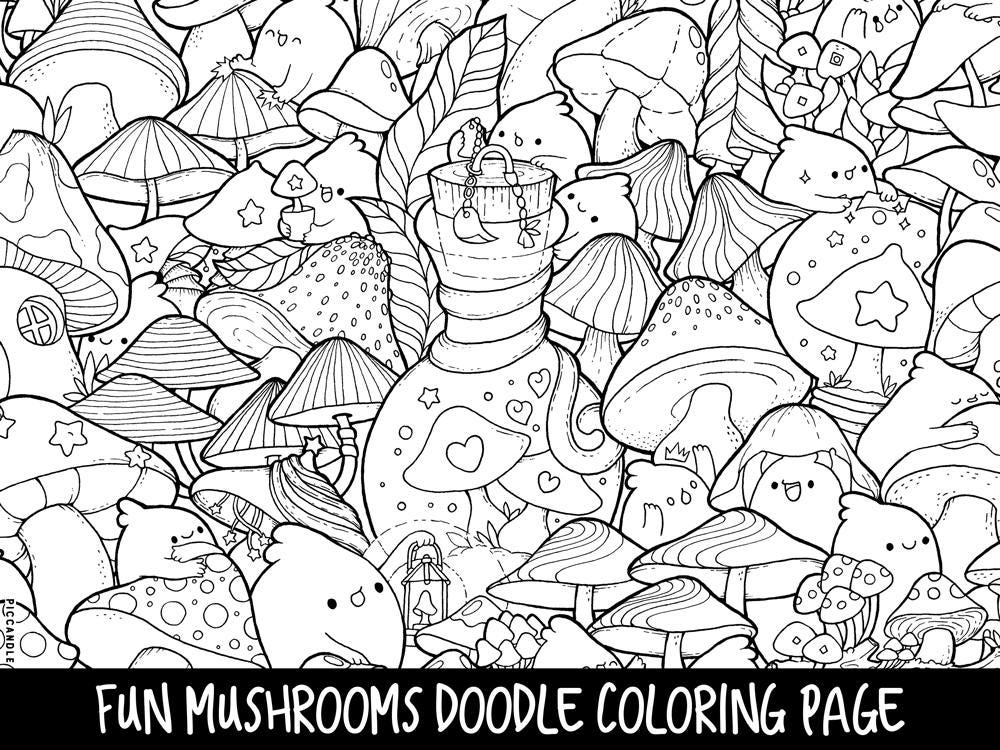 Mushrooms Doodle Coloring Page Printable Cute/Kawaii