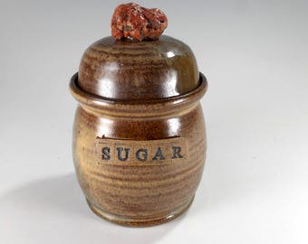 Ceramic sugar bowl, large pottery sugar bowl, stoneware sugar jar with lid and rock knob, ceramic sugar canister with SUGAR, green and brown