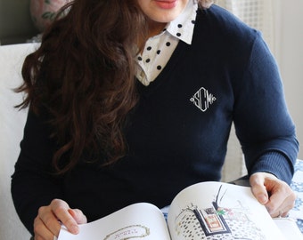 Knit V-Neck Monogram Sweater