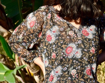 Beautiful Vintage Brown Floral Peasant Blouse Size Small