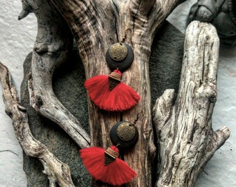 Red tassel earrings, fringe earrings, bronze, boho, tribal earrings