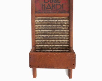 Vintage washboard with rare attached bin, travel size, Columbus Washboard Co., Dubl Handi, Farmhouse chic, wall planter, rugged retro,
