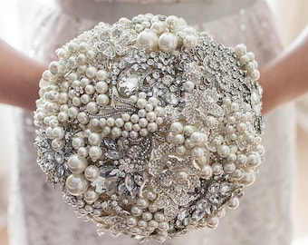 READY TO SHIP Brooch Bouquet Wedding Bouquet ivory bouquet silver bouquet broach bouquet, bridal bouquet crystal bouquet pearls bouquet