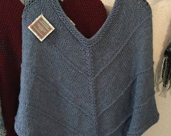 Hand Knit Poncho in Denim Blue