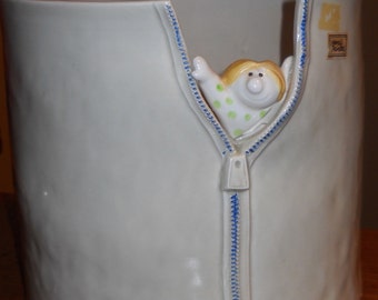 Vintage Fitz Floyd Figurine Peeking out between Zipper - Ceramic Planter - Vase