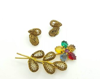 Vintage Signed Austria Flower Parure Earrings and Brooch