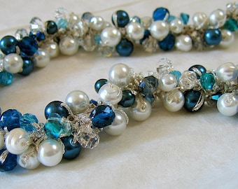 OCEAN, Teal Blue Green, Aqua Marine, White Pearl Crystal Hand Knit Cluster Twist Beach Bride Wedding Necklace, Sereba Designs