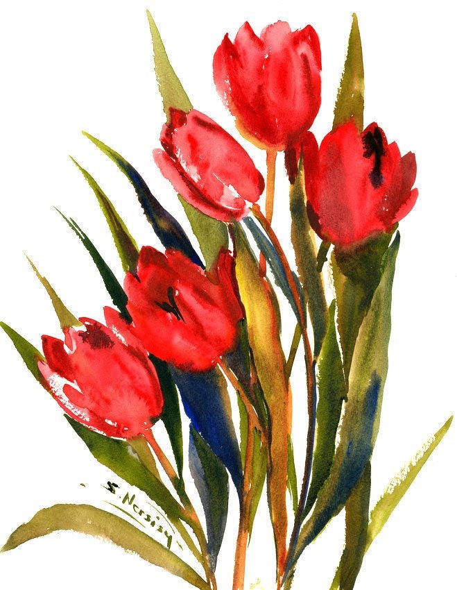 Red Tulips 15 x 12 in original watercolor art red floral