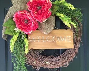 Wreath -Summer Wreath -Pink Wreath -Wreaths -Welcome Wreath - Peony Wreath - Housewarming Gift -Home Decor
