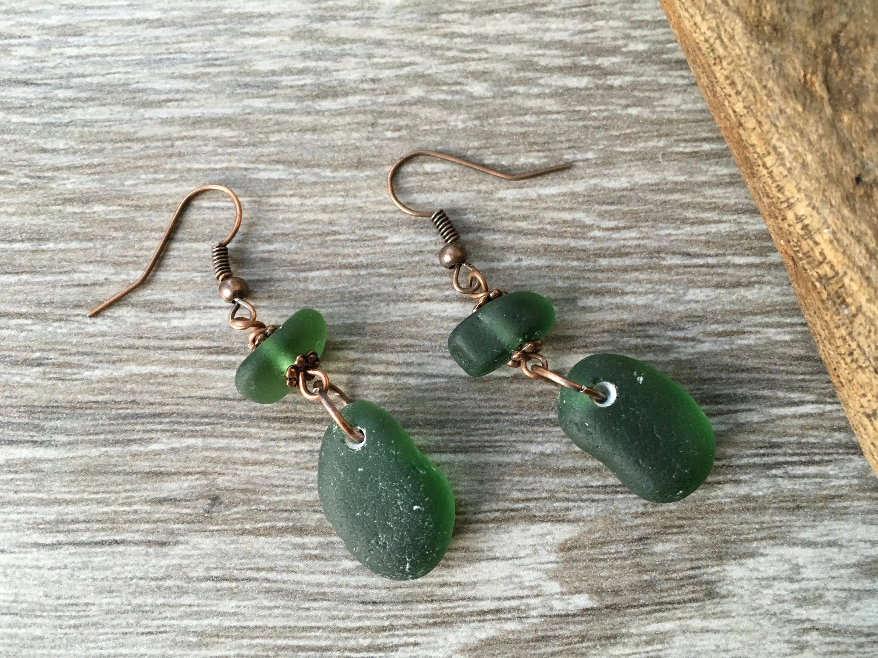 Green sea glass earrings, beach glass jewelry, rustic, simple, mermaid ...