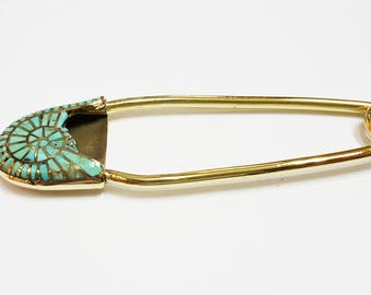 LARGE SAFETY PIN; Safety Pin Brooch; Safety Pin Jewelry; Boutonniere Pin; Handmade Vintage Solid Brass Turquoise; Keyring; Blanket Pin