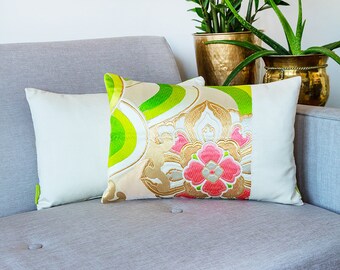 Metallic Gold Pillow, Cream Silk Pillow, Japanese Floral Pillow, Metallic Accent Pillow, Vintage Kimono Cushion, Boho Pillow, Asian Decor