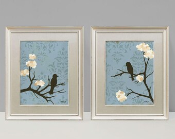 Shabby Love Bird Wall Decor Prints, Cottage Chic, Blue and cream, Large Prints, Set of Two, 9 x 12 inches