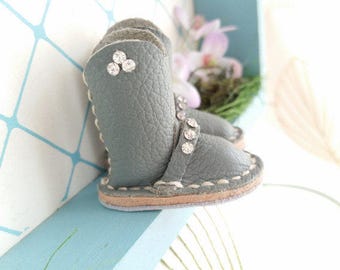 Mini Gray Grey Rhinestone Leather Riding Boots Neo Blythe Azone Pureneemo M S Size Hand Made By MizuSGarden