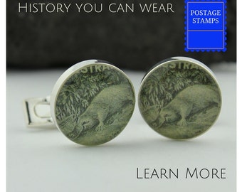 Australian Men's Platypus Cufflinks. Looking for a Platypus Gift? These Handmade Cufflinks Feature Vintage Australian Postage Stamps.