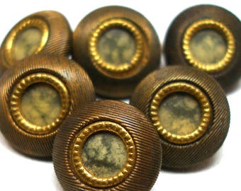 1800s Antique BUTTONs, 6 Victorian brass with celluloid centers. 7/16".