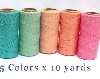 Macrame Cord - Waxed Polyester Thread - Bracelet Cord - Set of 5 Colors - 10 yards each - CANDY