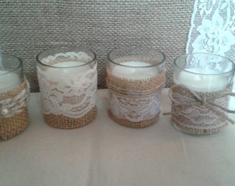 Twine, lace and burlap tea candles for wedding