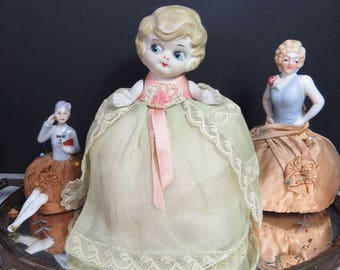 Bisque Doll Pin Cushion, Blonde Flapper, Kewpie, Googly Eyes, Vintage
