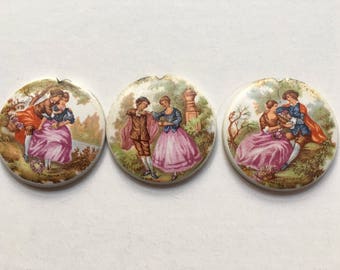3 Porcelain Discs Colonial Couples Mixed Jewelry Media Art Supply Old Desk Drawer Hardware handles
