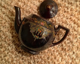 Vintage 1940s Japanese Moriage Redware Hand Painted Teapot. Made in Japan.