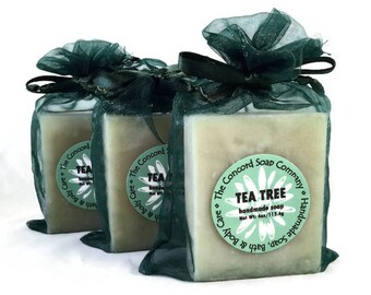 Tea Tree Vanilla Handmade Cold Process Soap Bar, 4oz - essential oil, vegan, natural, organic sustainable palm oil, hunter green organza bag