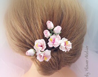 Wedding accessory for hair - cold porcelain cherry blossom branch - modeled and painted by hand.