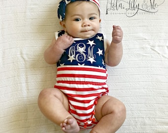 Patriotic Romper - Fourth of July, Baby Romper, Memorial Day, Labor Day, Pom Pom Romper, Red White and Blue Romper, Personalized 4th of July