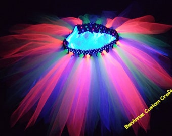 BanAnnaz Custom Crafts, glow in the dark tutu, glowing rave tutu, glow party tutu, luminescent tutu, black light tutu, 80's tutu, skate part