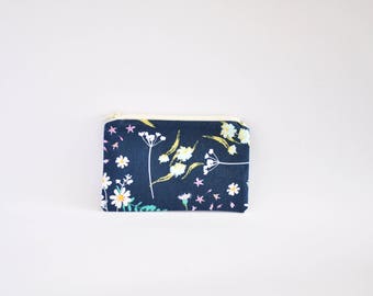 Small Coin Purse, Change Purse, Coin Pouch, Zipper Pouch, Makeup Pouch, Cosmetic Pouch, Card Pouch, Card Holder - Navy Floral
