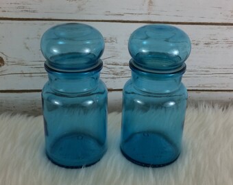 Vintage Blue Apothecary Jars Set 2 Bubble Tops Made In Belgium Aqua 7 Inches