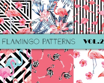 Watercolor hand drawn flamingo, palm leaf seamless pattern art vector. Summer mood print scrapbook digital paper. Beautiful color background