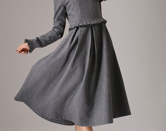 Gray dress, maxi dress, long sleeves dress, wool dress, plus size dress, womens dresses, made to order, ruffle dress, winter dress764